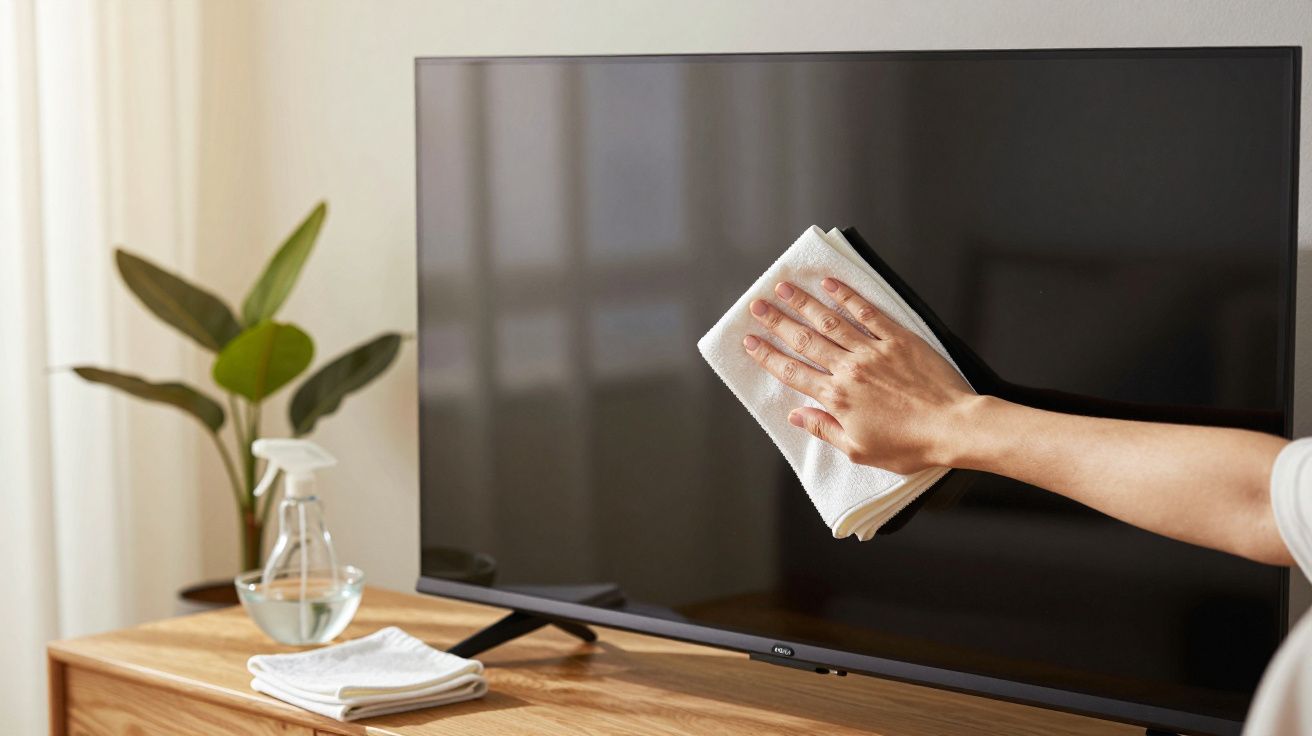 Mão limpando ecrã de televisão com pano branco, pulverizador e planta ao fundo.