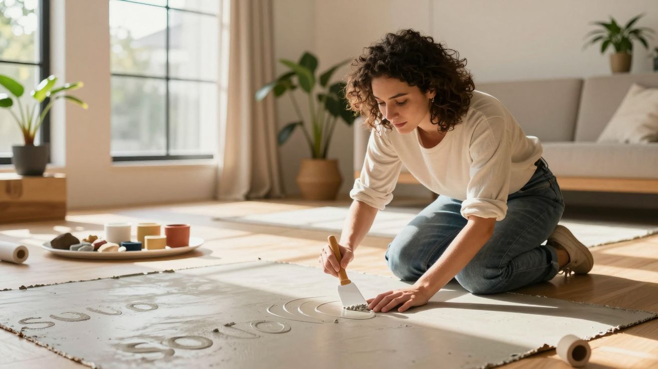 Mulher sentada no chão da sala, escrevendo em materiais artísticos rodeada por plantas e luz natural.