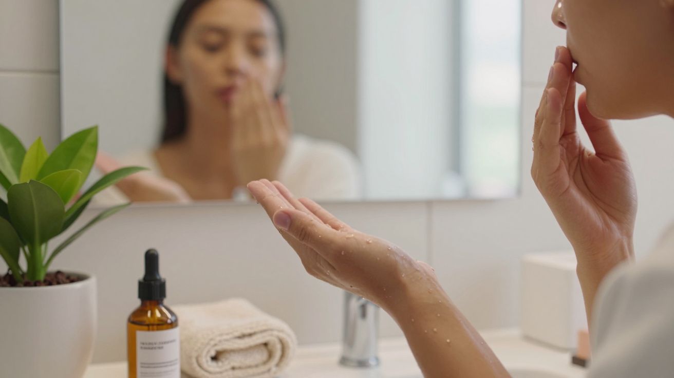Mulher aplica creme no rosto em frente a espelho de casa de banho; frasco de cosmético e toalha ao lado.
