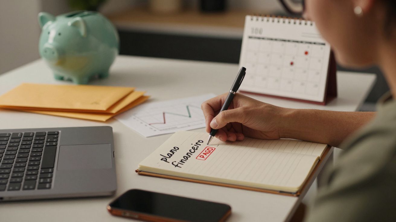 Pessoa escreve "Plano financeiro" num bloco de notas junto a um portátil, telefone, porquinho mealheiro e calendário.