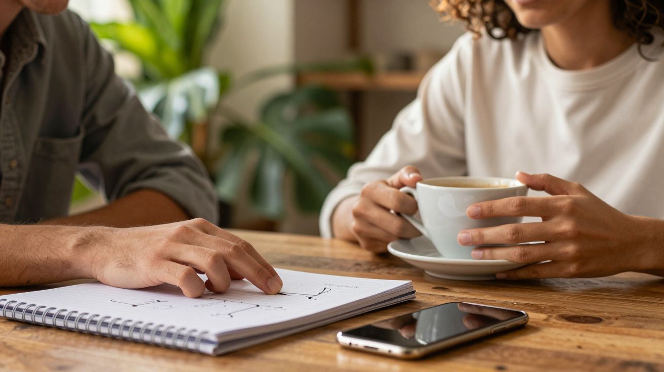 Duas pessoas a discutirem gráficos num caderno, uma segura uma chávena de café. Telefone na mesa.