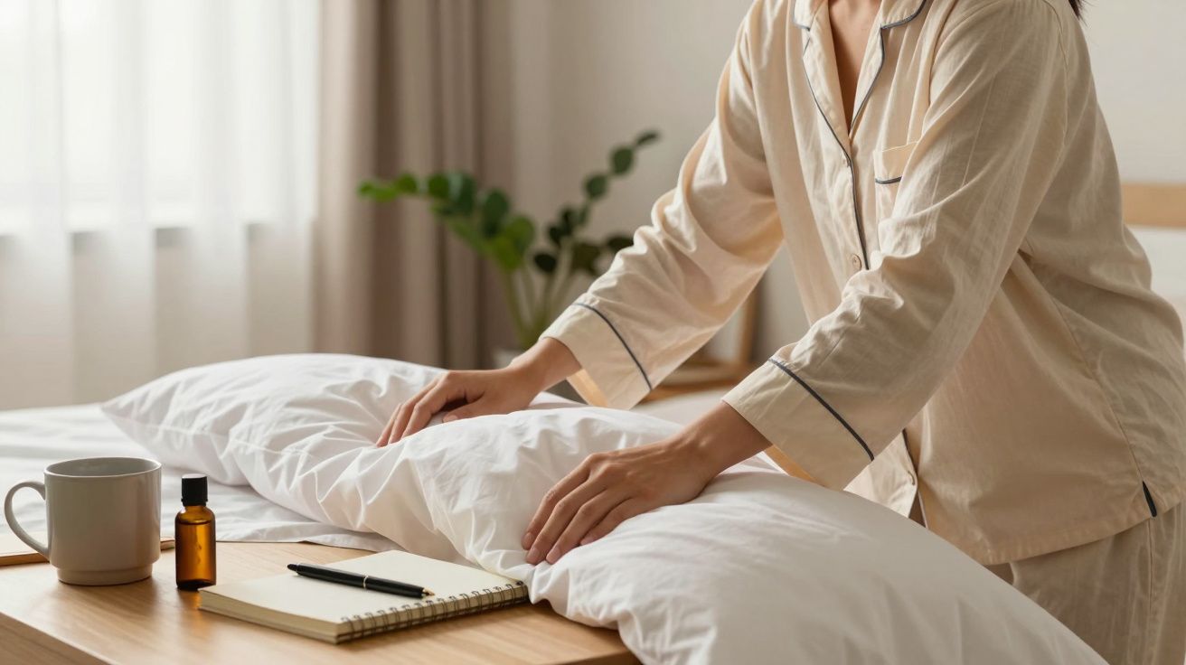 Pessoa em pijama arruma a cama. Na mesa, um bloco de notas, caneta, chávena e frasco de óleo essencial.