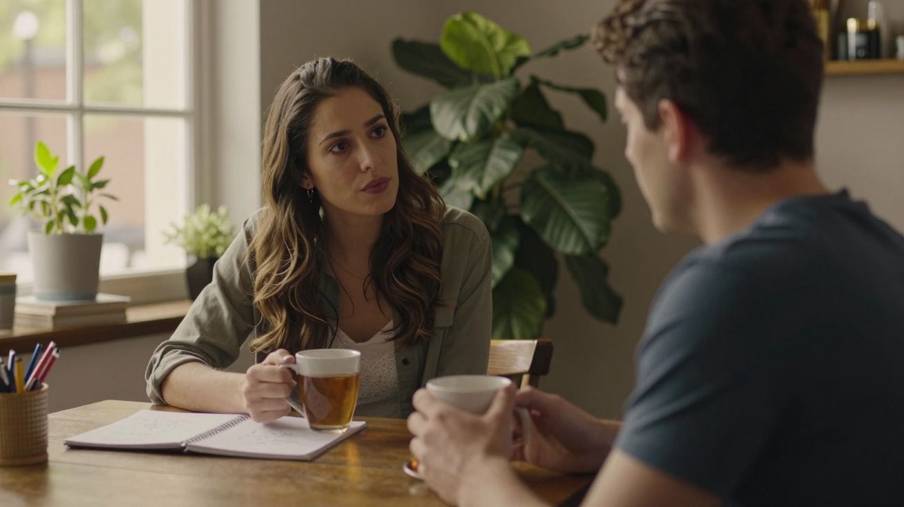 Mulher e homem a conversar numa mesa, segurando chávenas. Livros e plantas ao fundo, luz de janela.