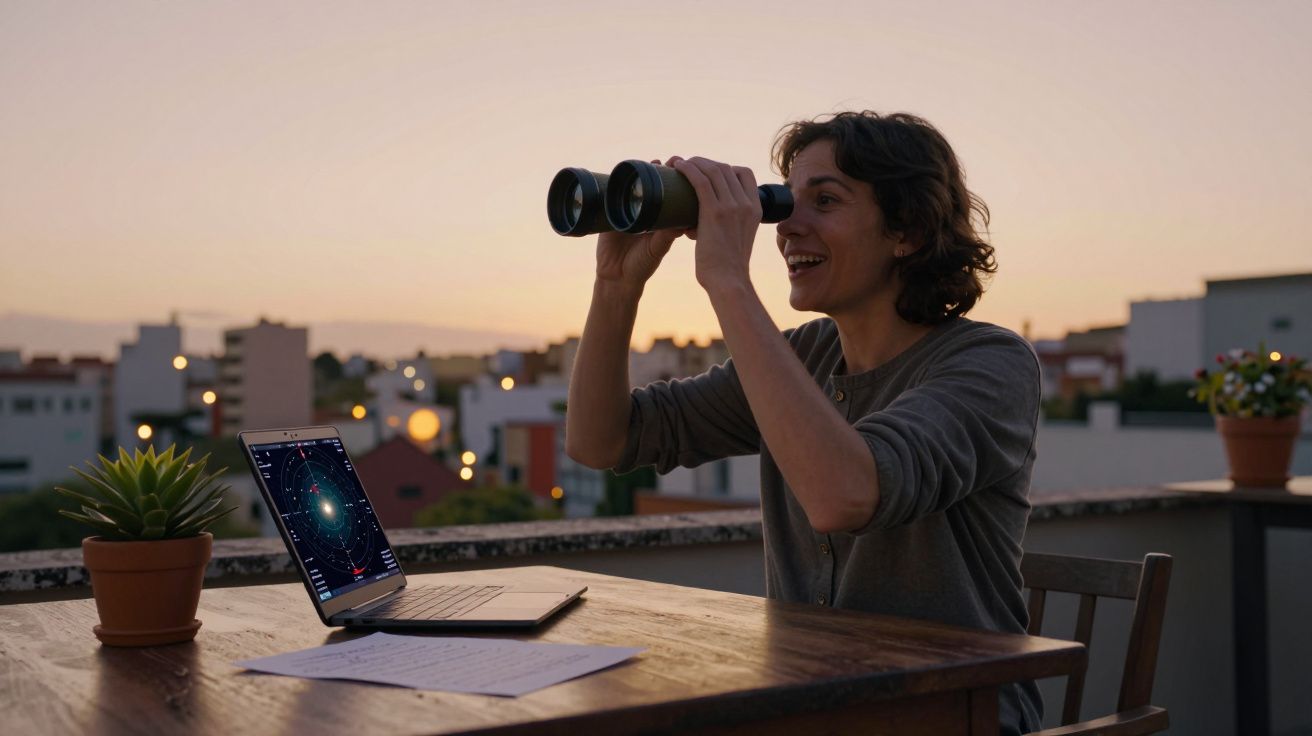 Pessoa observa com binóculos ao pôr do sol, com portátil e planta em mesa no terraço.