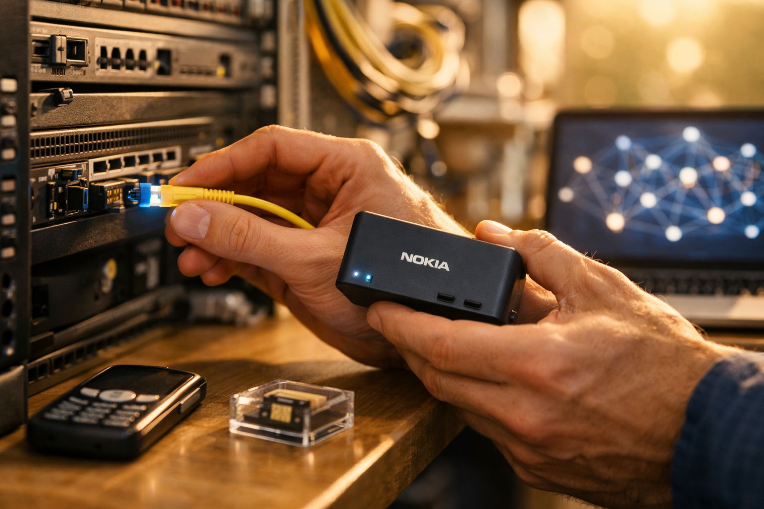 Homem verifica equipamento técnico em painel ao ar livre com portátil ao lado.