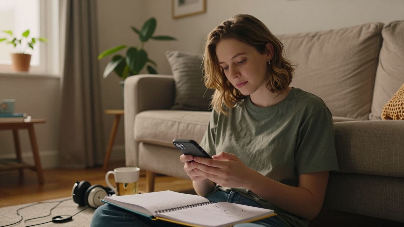 Mulher sentada num chão com caderno, olhando para telemóvel. Sala com sofá e planta ao fundo.