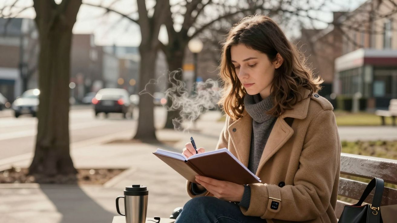 Mulher sentada num banco a escrever num caderno, vestida com casaco bege, numa rua arborizada.