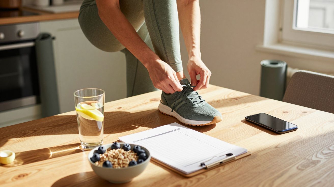 Pessoa a amarrar ténis numa mesa, com água, cereais e lista de tarefas ao lado.