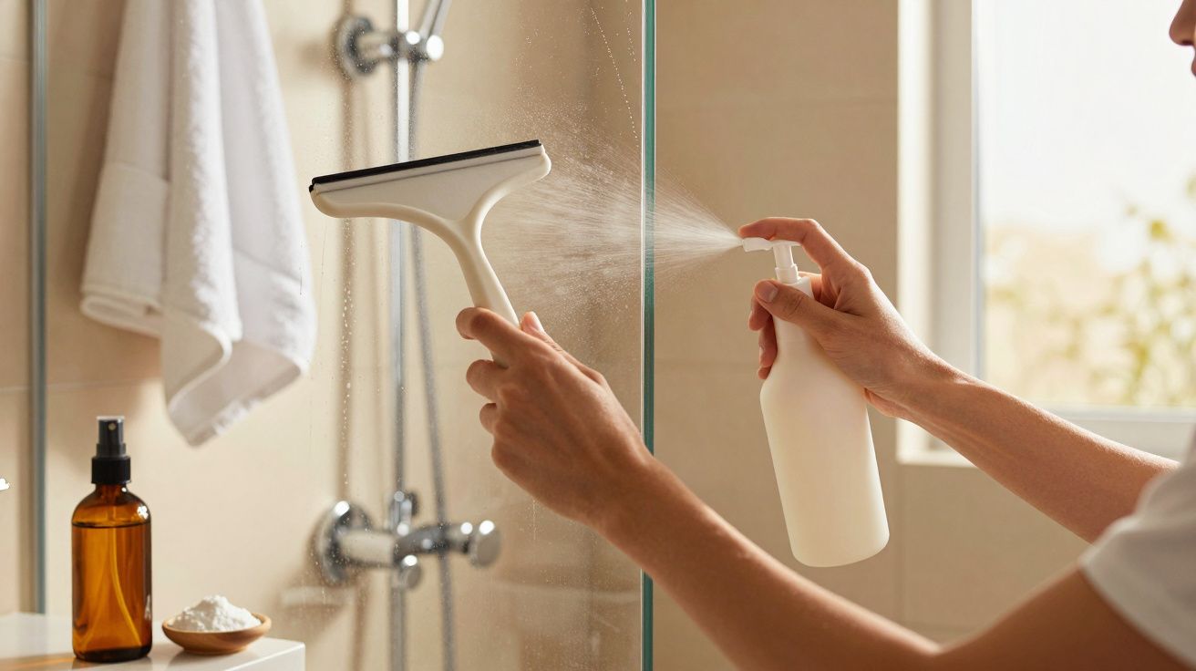Pessoa a limpar vidro de chuveiro com spray e rodinho, toalha pendurada ao fundo.