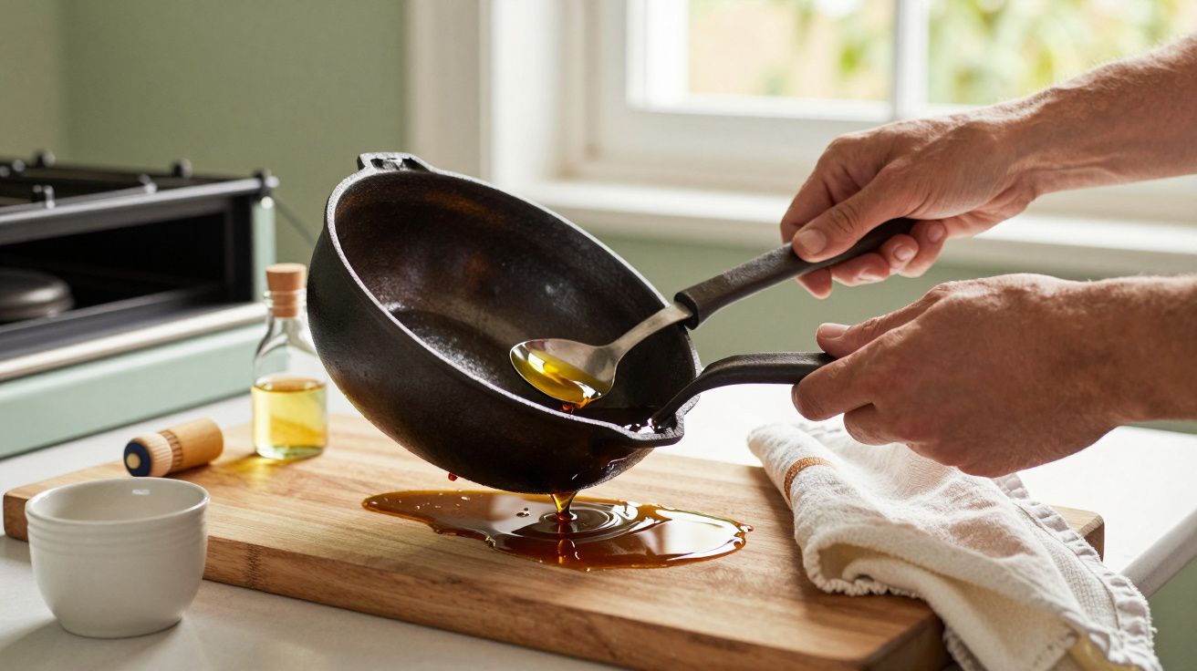 Pessoa a despejar óleo de uma frigideira preta sobre tábua de madeira, ao lado de um pano e uma tigela.