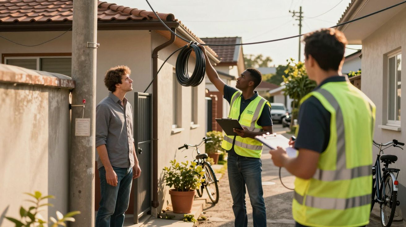 Três homens inspecionam cabos ao ar livre; dois vestem coletes refletores, um segura um bloco de notas.