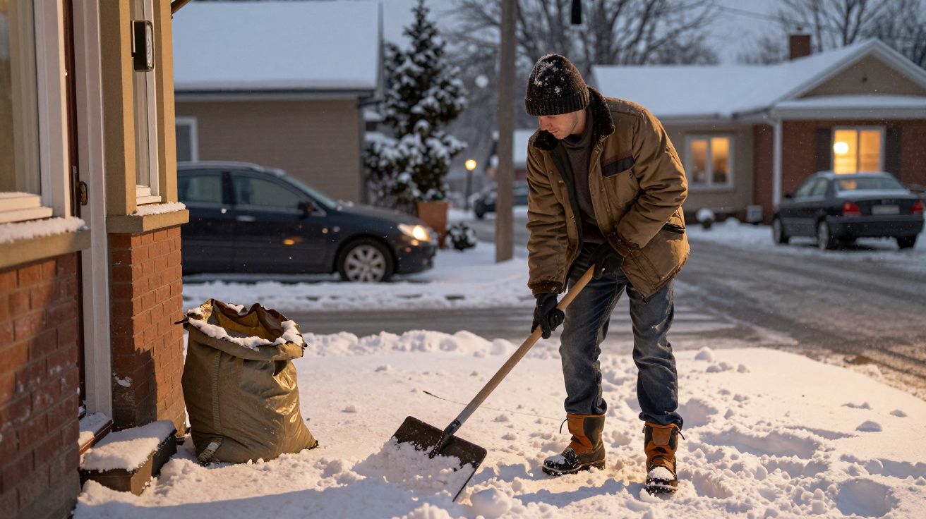Homem a remover neve à porta de uma casa, vestindo casaco e gorro, com um carro e uma rua ao fundo.