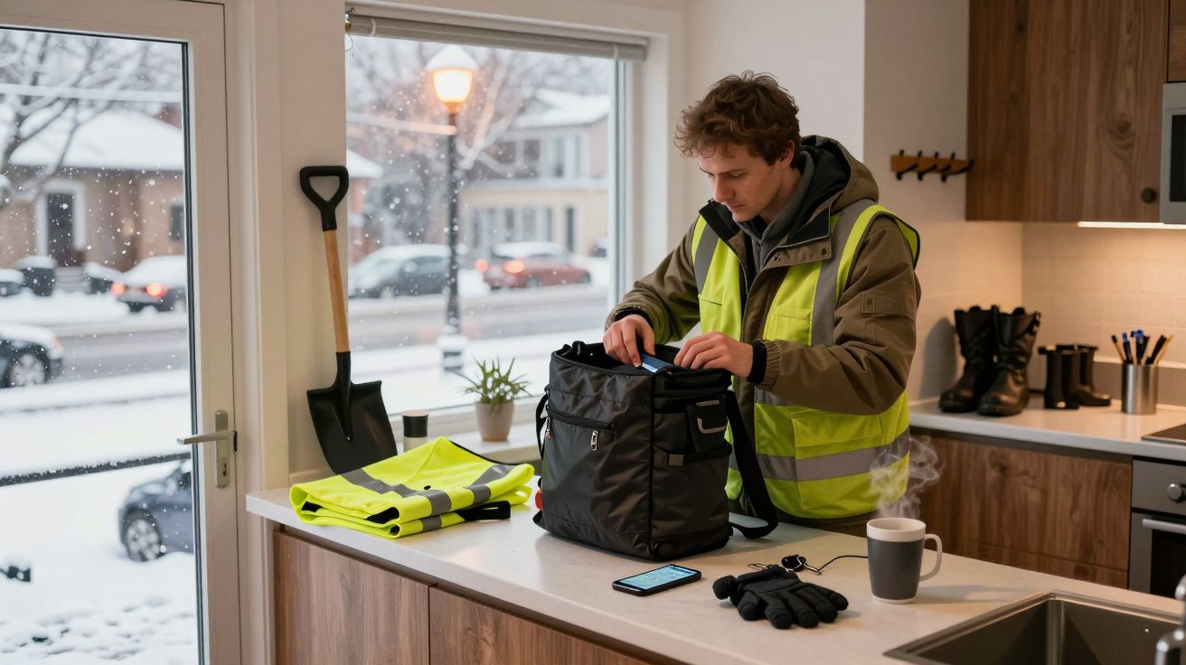Homem em cozinha prepara-se para sair em dia de neve, vestindo colete refletor ao lado de mochila e chávena.