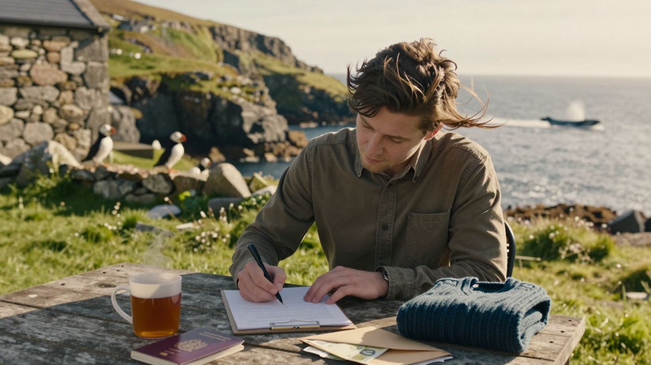 Homem jovem escrevendo numa mesa de madeira ao ar livre, com vista para o mar e papagaios-do-mar ao fundo.