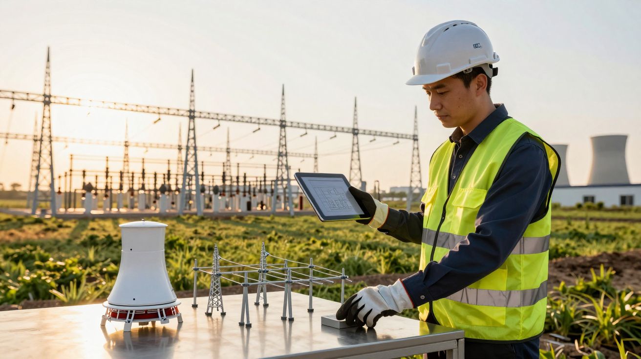 Engenheiro analisa planta de subestação elétrica ao ar livre, usando tablet, com turbina e modelos em miniatura.