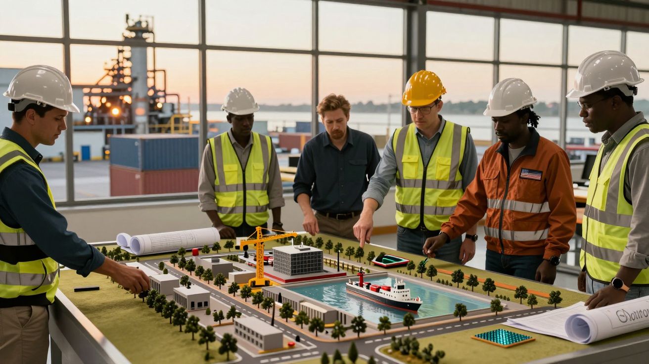 Seis engenheiros analisam maquete de projeto industrial com porto e edifícios, usando coletes refletivos e capacetes.