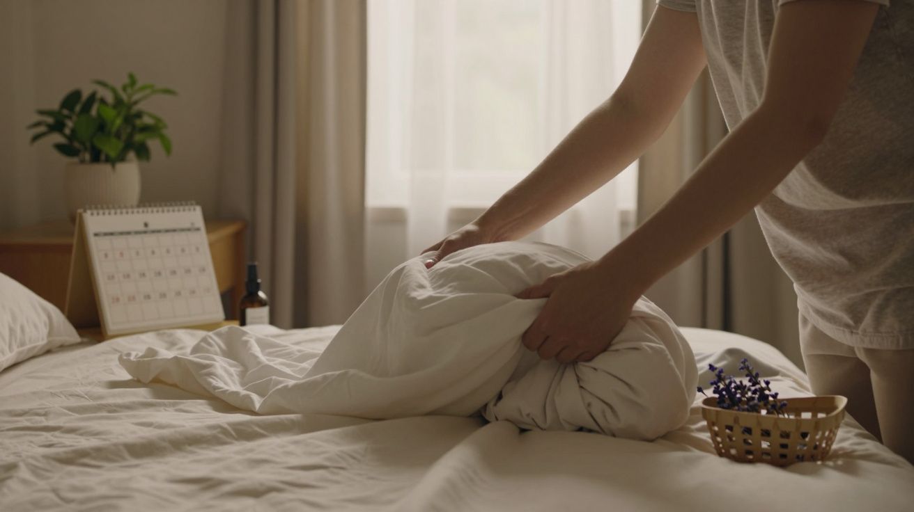 Pessoa a fazer a cama, com lençóis brancos e cesta de flores ao lado, janela com cortina ao fundo.