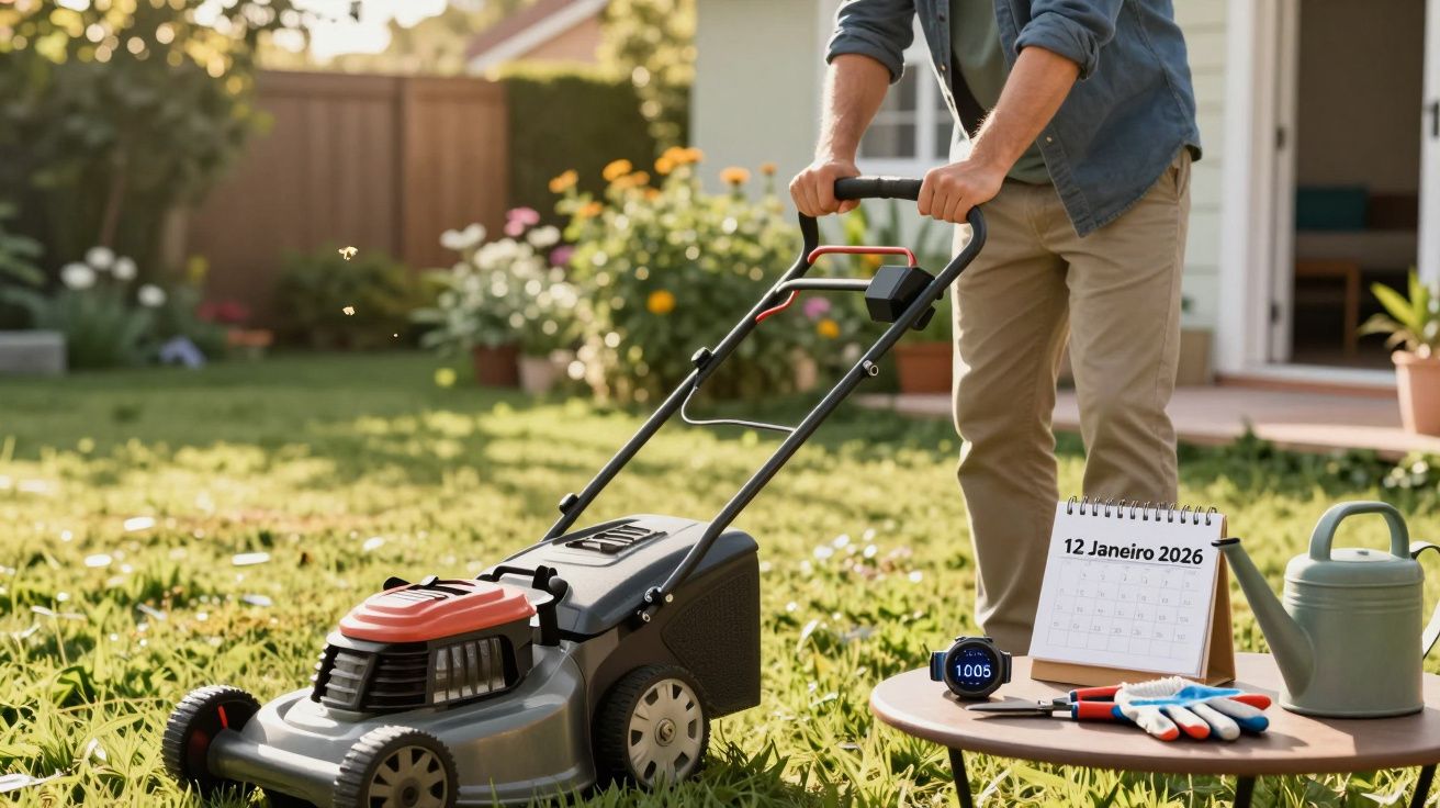 Homem a cortar relva no jardim com calendário marcado em 12 de janeiro de 2026 e ferramentas de jardinagem numa mesa.