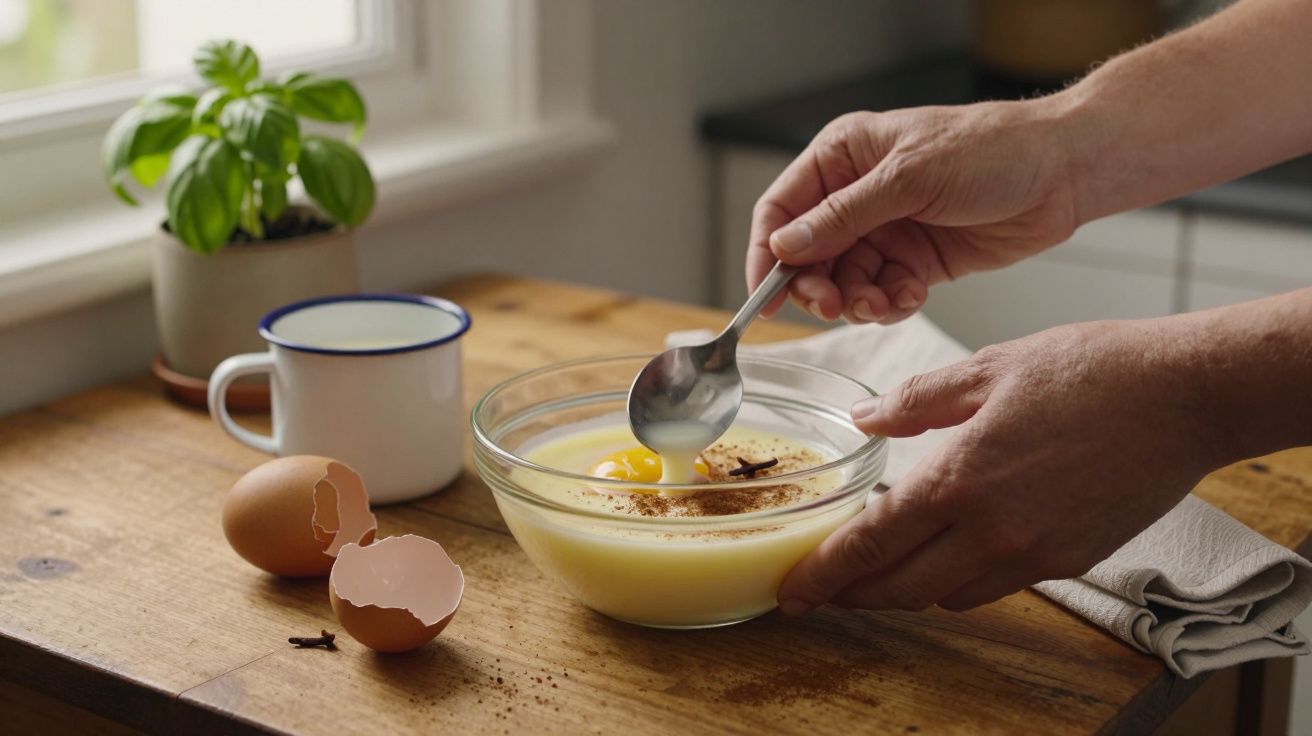 Mãos adicionando especiarias a uma tigela de comida líquida, com um ovo e caneca ao lado, numa mesa de madeira.