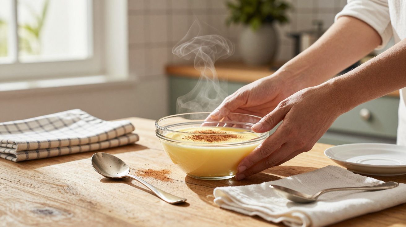 Pessoa a segurar uma taça de creme de leite sobre a mesa de madeira, com colheres e guardanapos ao lado.
