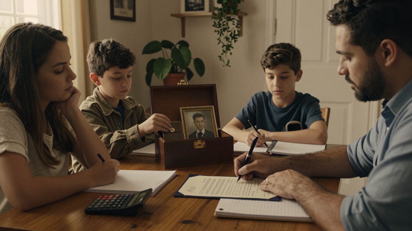 Família reunida ao redor de uma mesa, escrevendo em cadernos, com uma caixa aberta exibindo uma fotografia antiga.