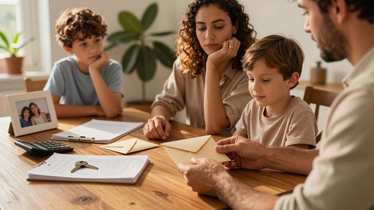 Família reunida à mesa, pais e dois filhos, discutindo papelada com envelopes, chaves e calculadora.