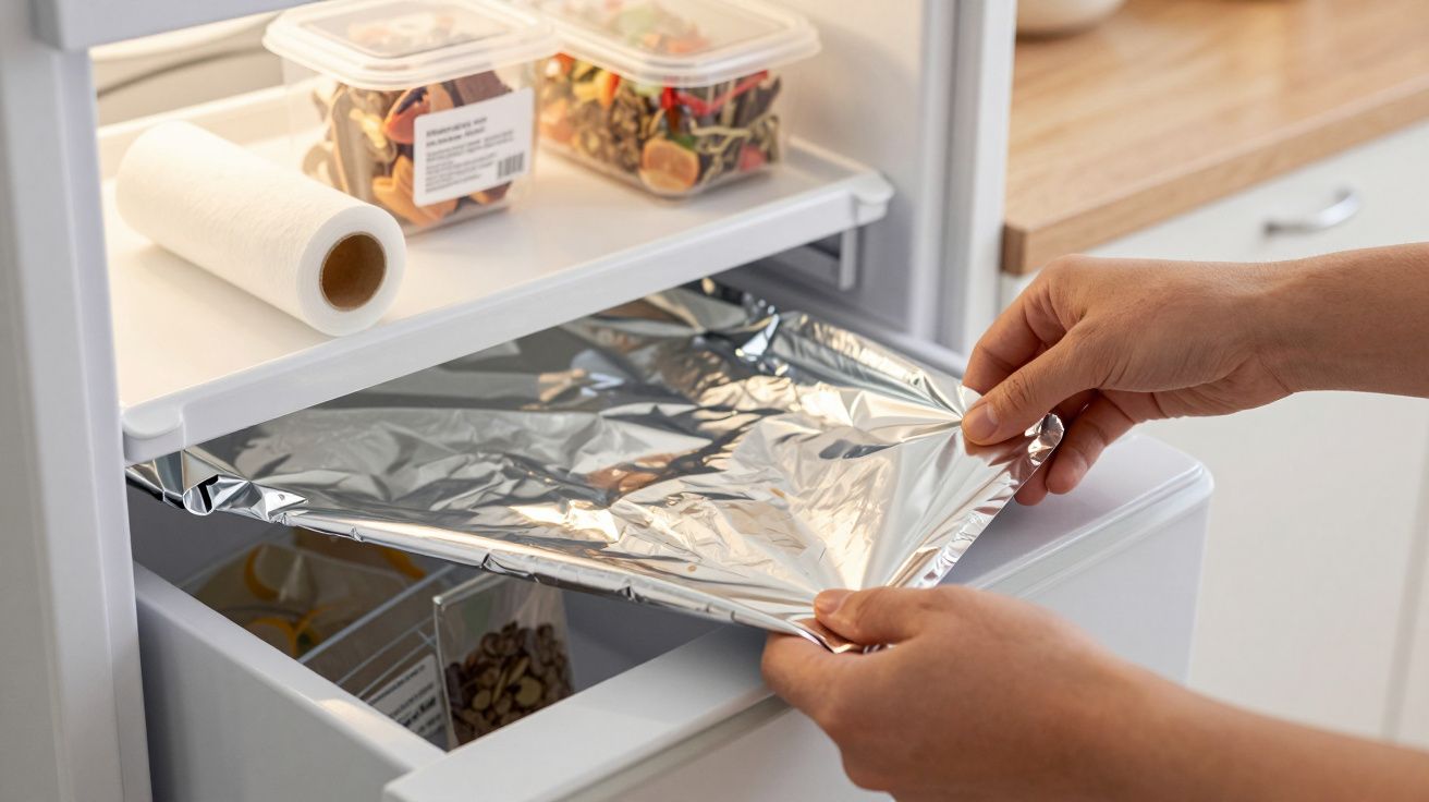 Mãos a cobrir tabuleiro com folha de alumínio em frigorífico, ao lado de rolo de papel e caixas de comida.