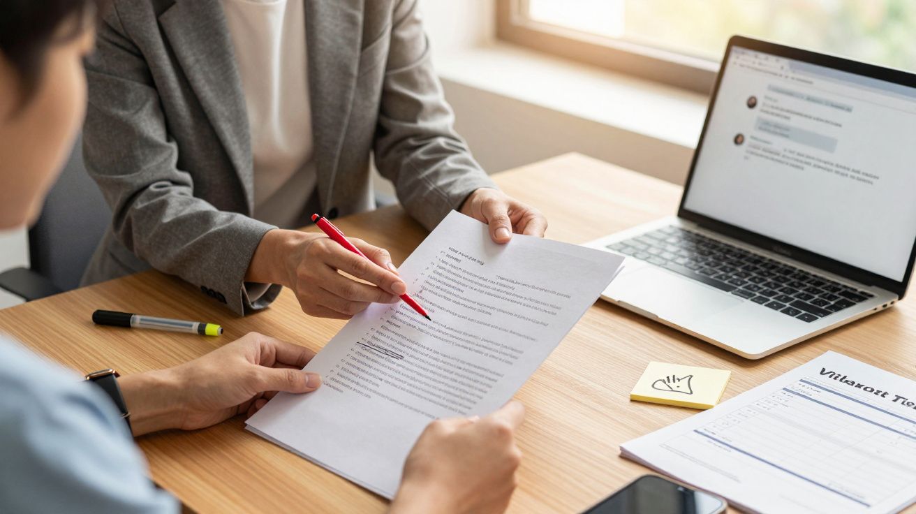 Dois colegas discutem um documento com laptop em cima de uma mesa de madeira.