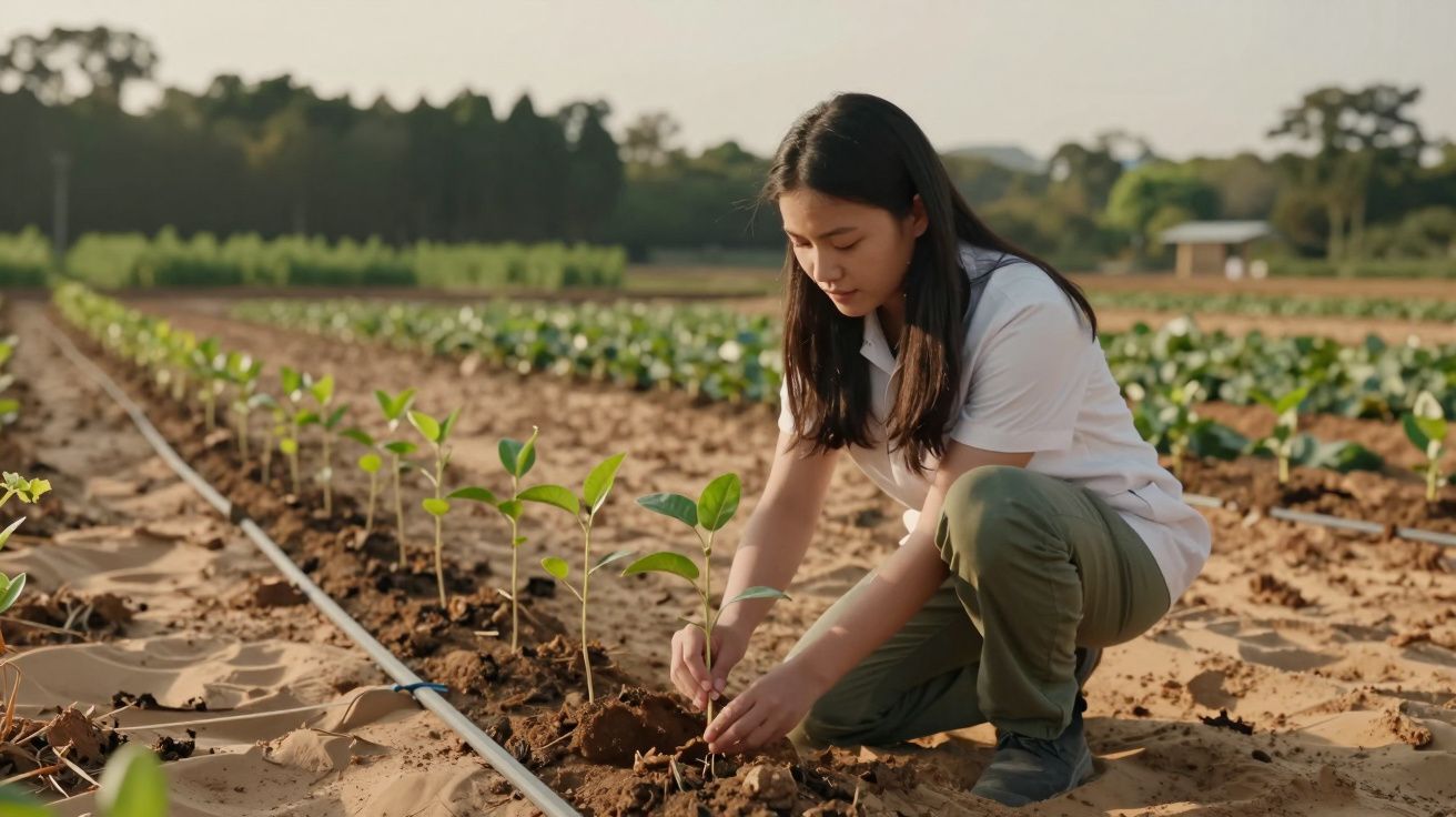 Mulher a plantar mudas em campo agrícola com sistema de irrigação, cercada por vegetação e sol suave.
