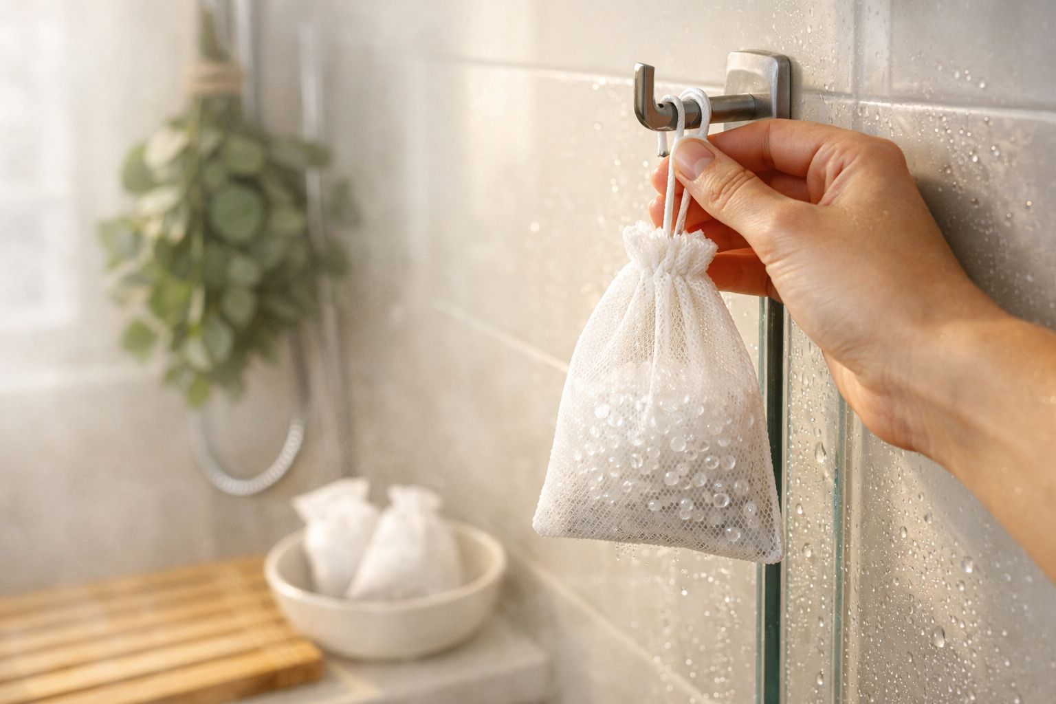 Mão segurando saco de plástico com arroz, folhas e cubos brancos no vapor de uma casa de banho iluminada.