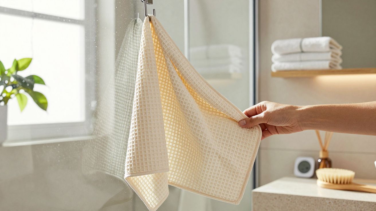 Mão segura uma toalha bege pendurada numa casa de banho moderna, com luz natural e plantas ao fundo.