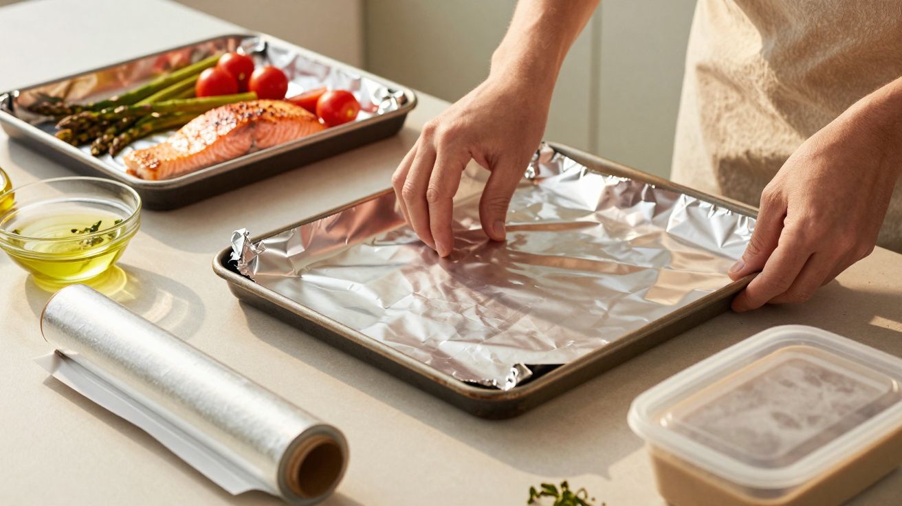 Pessoa prepara tabuleiro com folha de alumínio, ao lado de salmão, espargos e tomates.