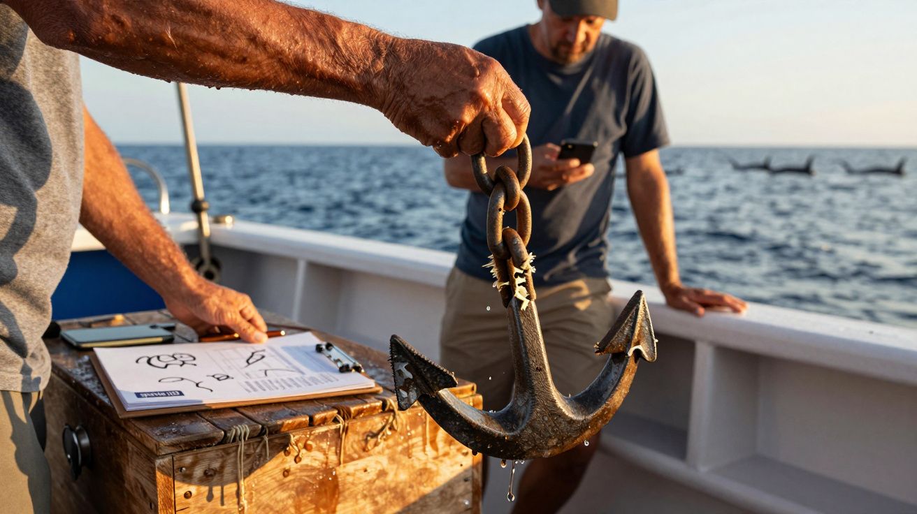 Pessoa segura âncora numa lancha, outra usa telemóvel. Ao fundo, golfinhos saltam no mar.