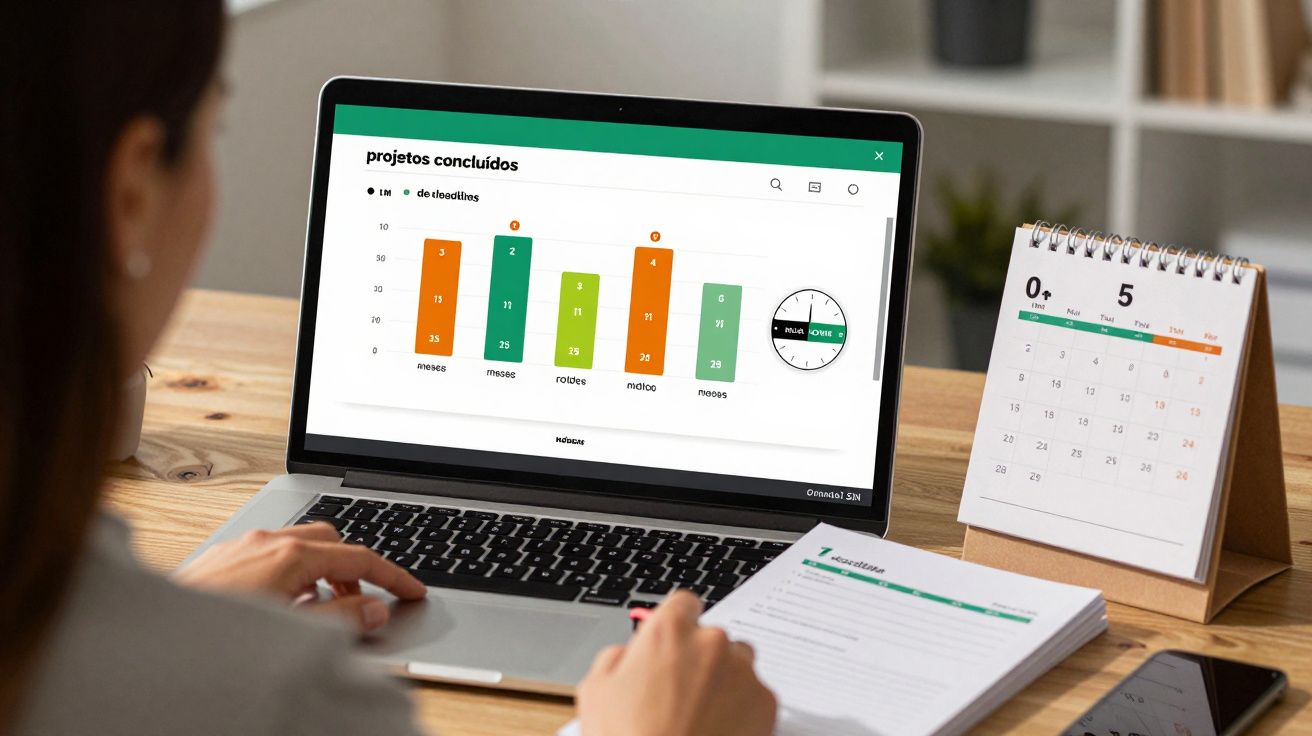 Pessoa analisa gráfico de projetos concluídos num portátil, com bloco de notas e calendário na mesa.