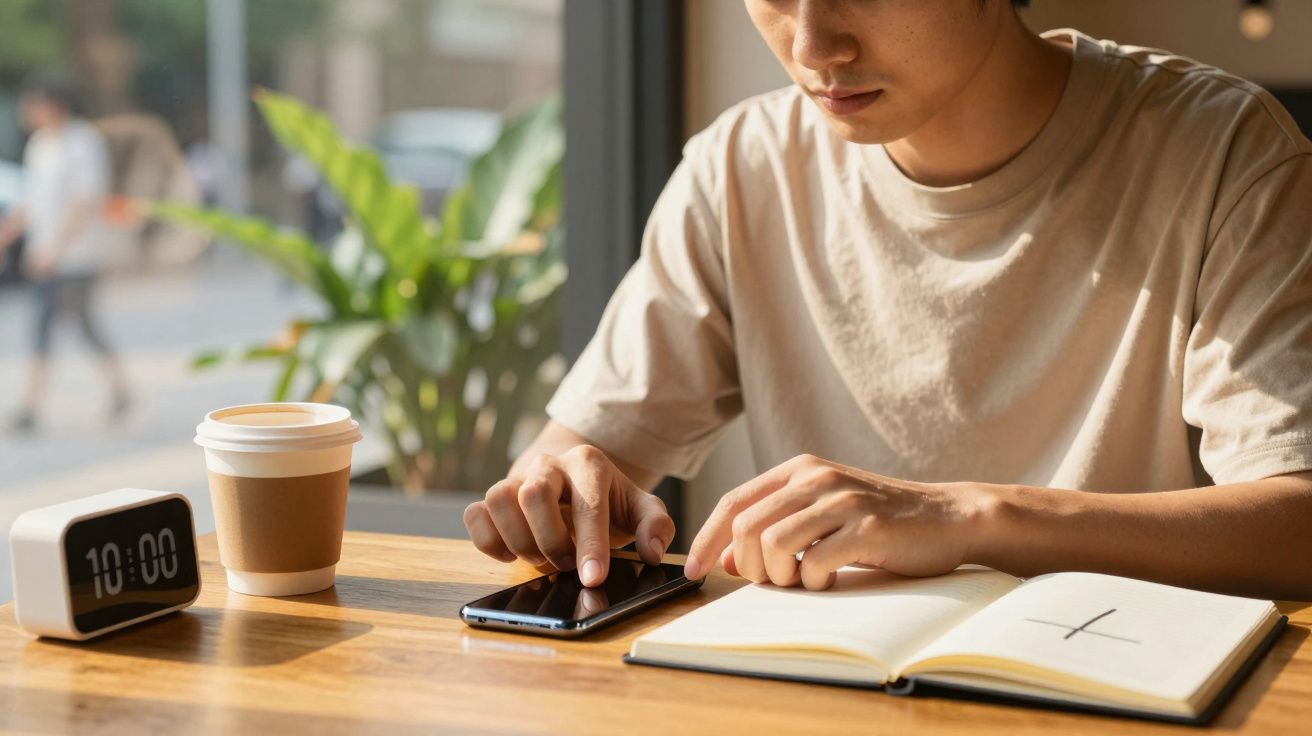 Pessoa usando smartphone numa mesa com relógio, café e caderno.