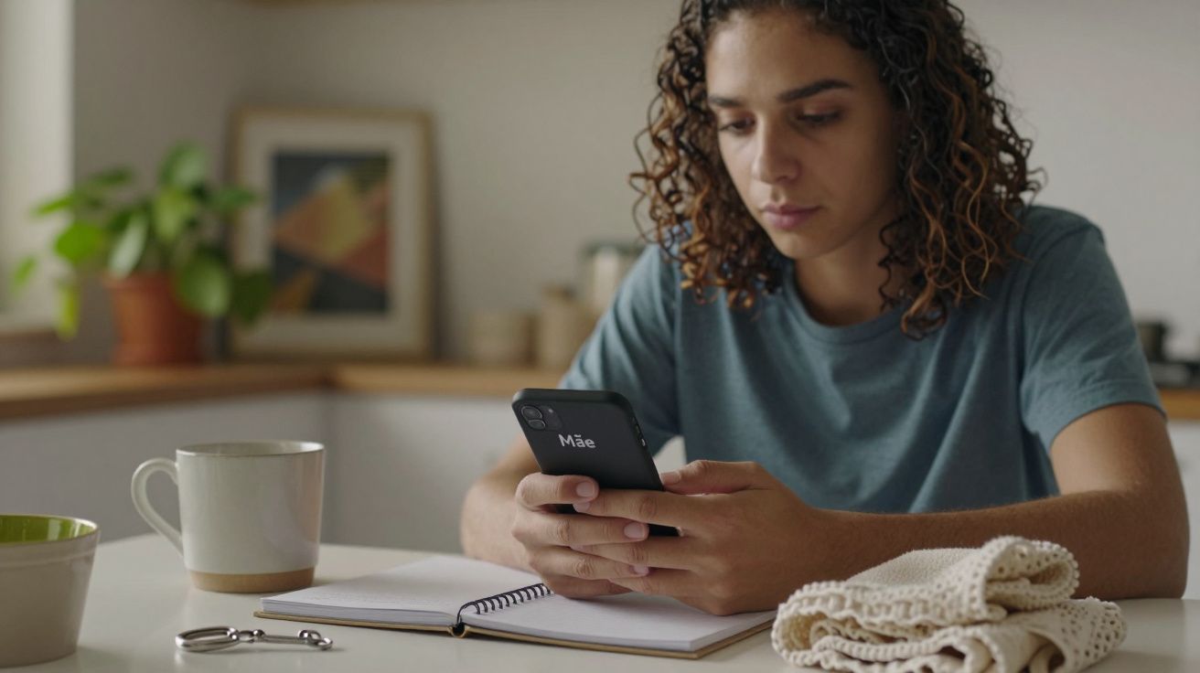 Mulher com cabelo encaracolado mexe no telemóvel à mesa, com caderno, chávena e plantas ao fundo.