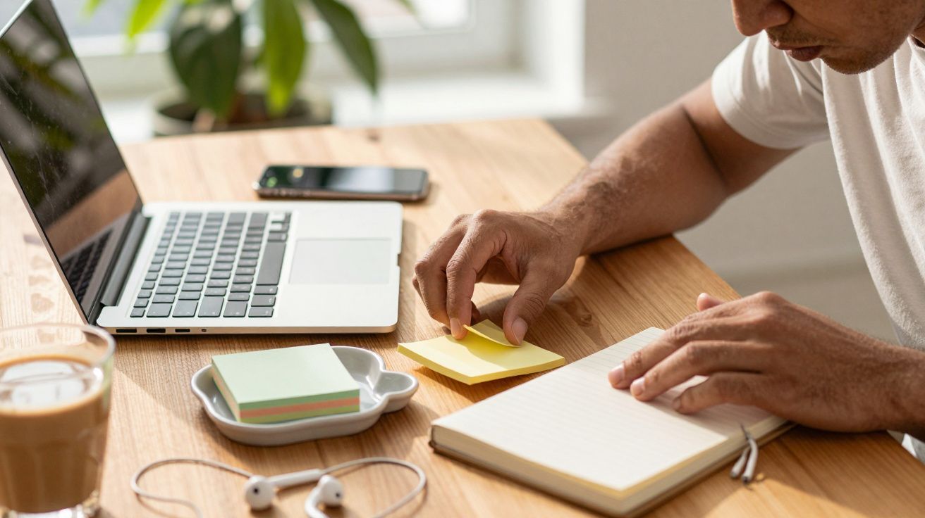 Homem escreve em caderno numa mesa com portátil, café, notas adesivas e fones ao lado.
