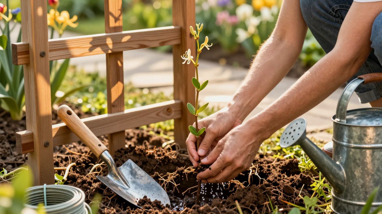 Pessoas a plantar uma muda no jardim, com regador e pá ao lado.