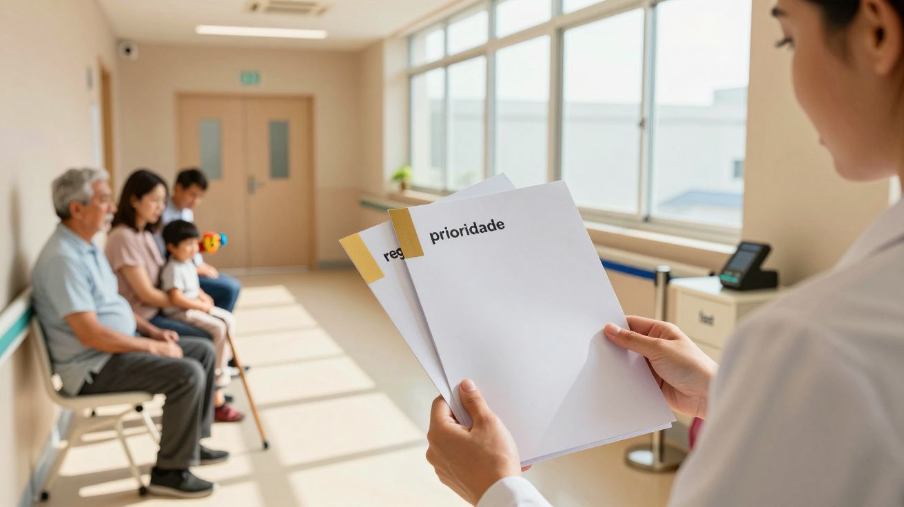 Profissional de saúde com documentos, grupo de pessoas aguardam sentados em fila numa sala de espera iluminada por janelas.