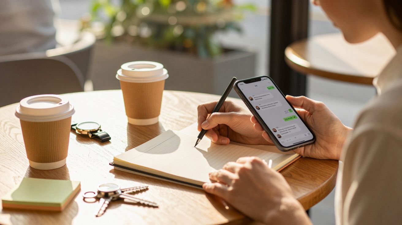 Pessoa a escrever num caderno enquanto segura um telemóvel. Há chávenas de café e chaves sobre a mesa redonda.