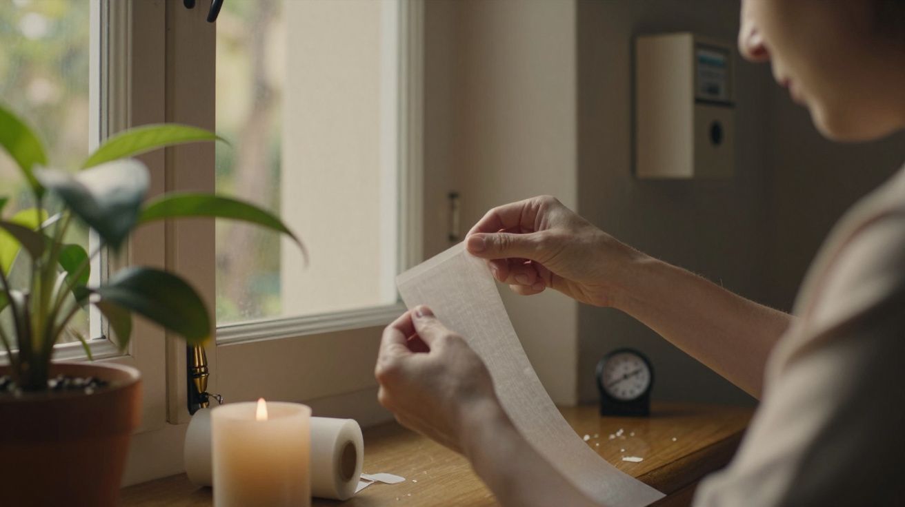 Pessoa segura um papel junto a uma janela, ao lado de uma vela acesa e uma planta num vaso pequeno.