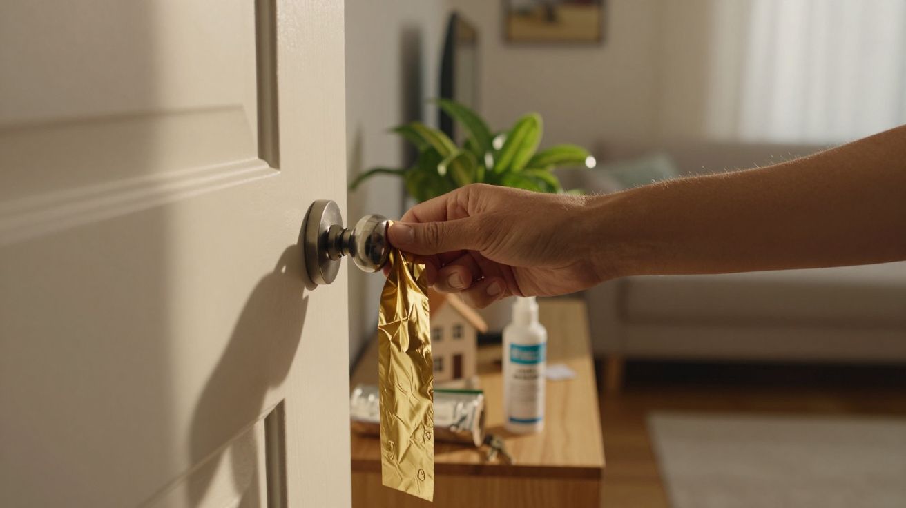 Mão segurando uma maçaneta de porta com uma máscara dourada pendurada, sala de estar desfocada ao fundo.