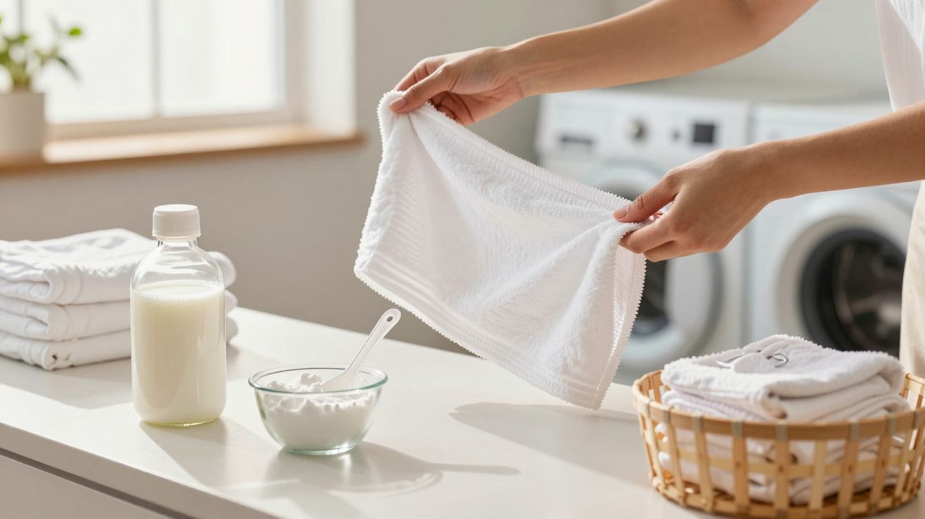 Pessoa dobrando toalha branca numa lavandaria, com produtos de limpeza ao lado.