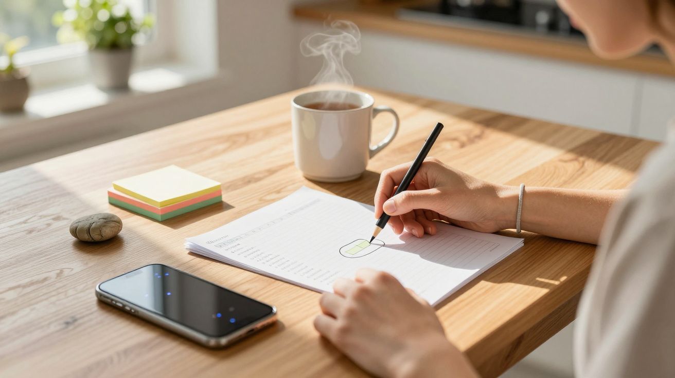 Pessoa escreve em papel numa mesa de madeira com chávena de café, telemóvel e notas adesivas.