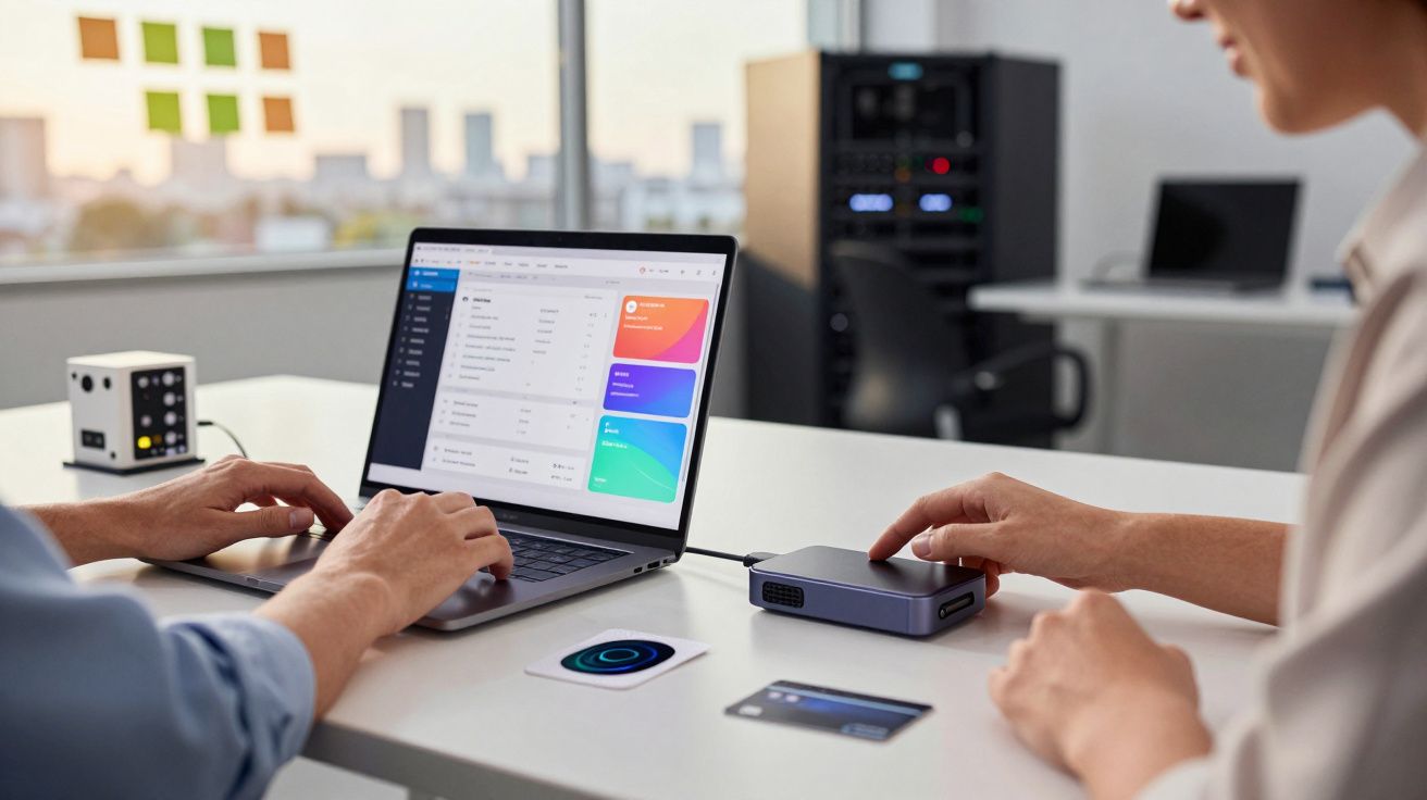 Duas pessoas trabalham num portátil e dispositivo eletrónico numa mesa de escritório moderno, janela ao fundo.