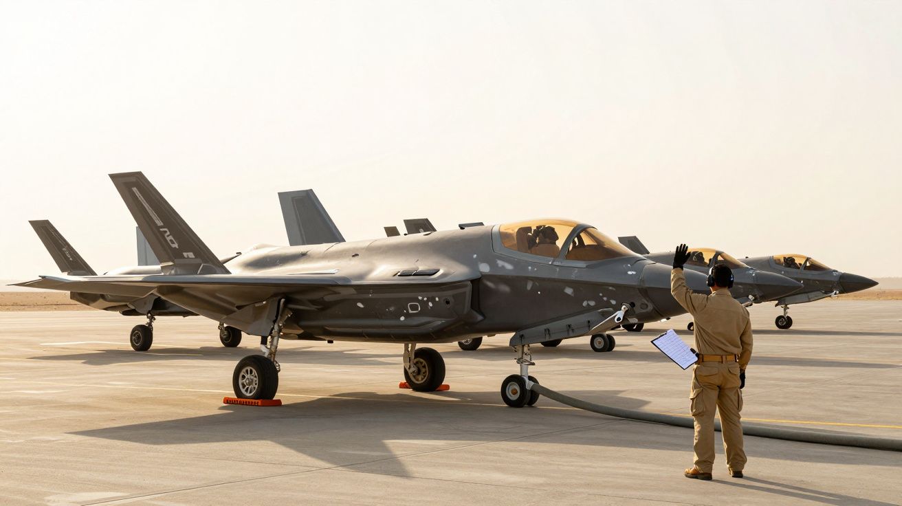 Três caças num aeroporto, com um técnico em terra acenando ao lado das aeronaves estacionadas.