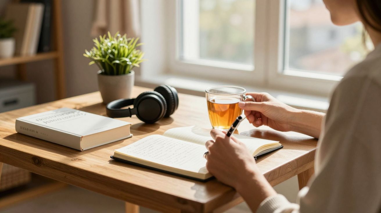 Pessoa a escrever num caderno com chá na mão, auscultadores e livro na mesa perto de uma janela.