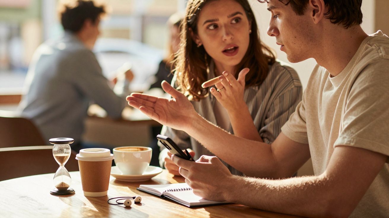 Homem e mulher conversam em café, com caderno, café e ampulheta sobre a mesa.