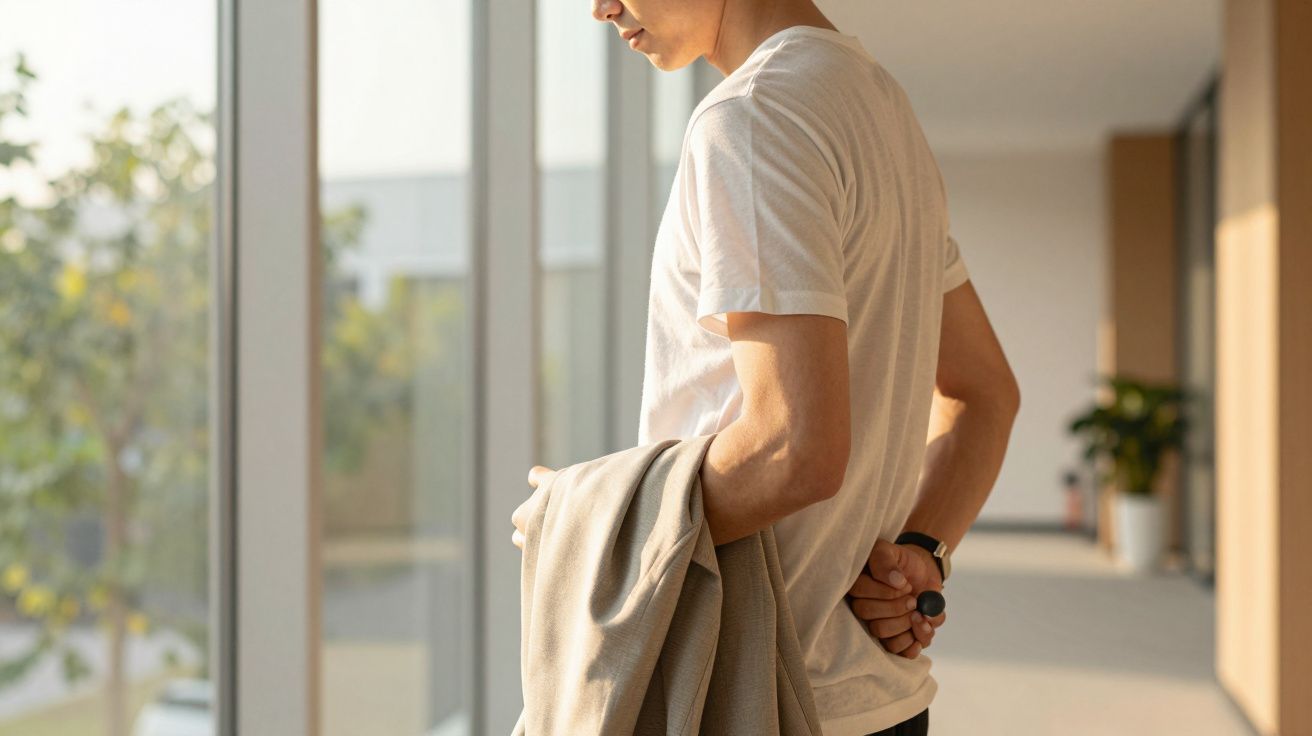 Homem em pé perto de janelas grandes, vestindo t-shirt branca, segurando casaco cinza e olhando para fora.