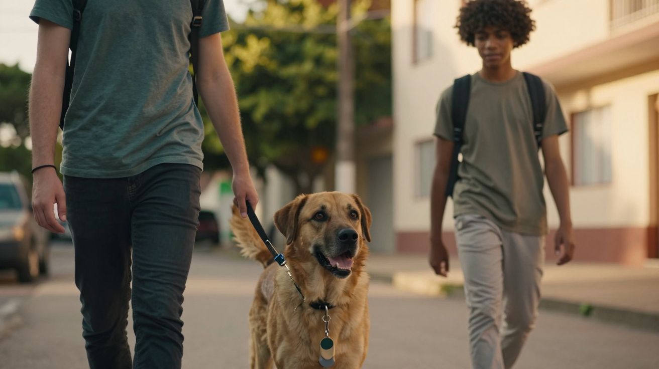 Dois jovens a caminhar com um cão castanho numa rua arborizada, ambos com mochilas.